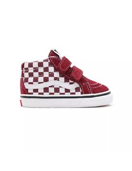 Zapatilla Baby Vans Sk8-Mid Checkerboard Granate.